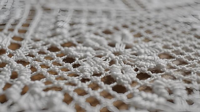 Closeup of intricate white crochet fabric with floral patterns.