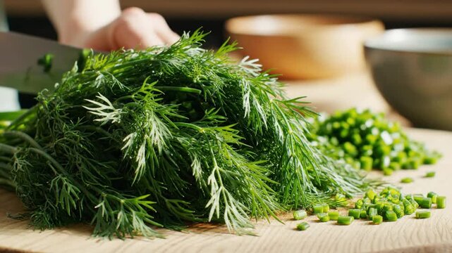 Chopping fresh dill weed with a knife on a wooden cutting board with green chives close by