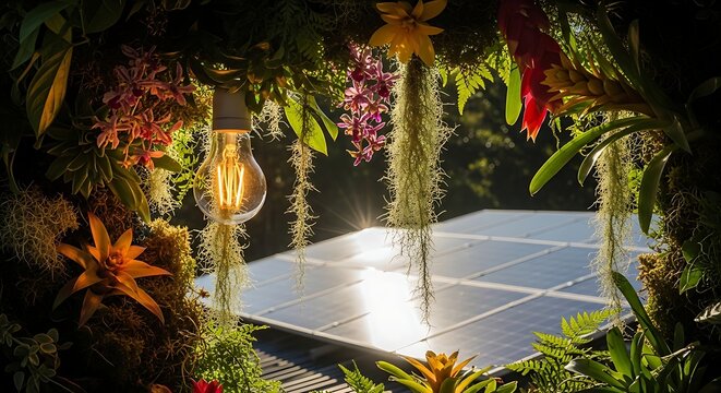 light bulb next to solar panels eco energy . Generative AI