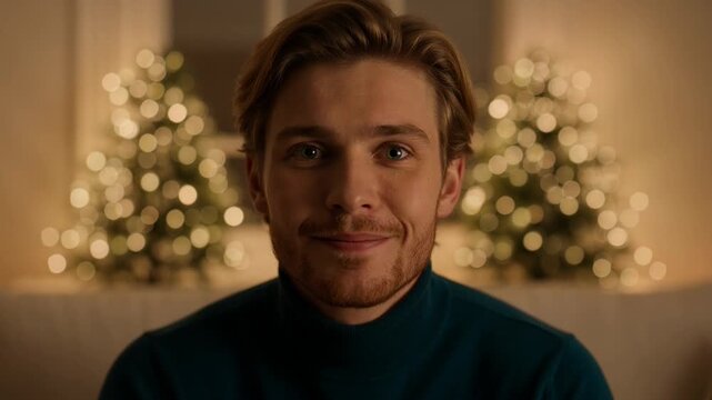 Young caucasian man reacting to news with changing facial expressions, representing surprise, anticipation, and determination against a blurred holiday light background