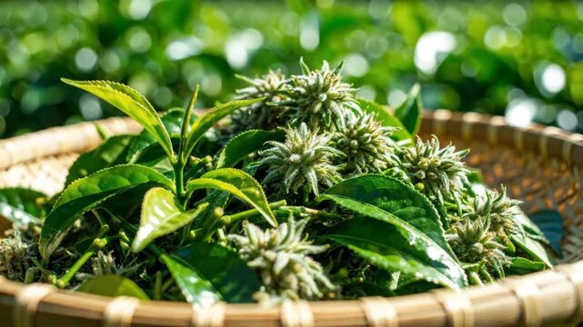 Fresh tea leaves and buds in a woven basket ready for processing at a tea plantation