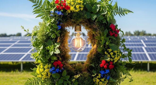 light bulb next to solar panels eco energy . Generative AI