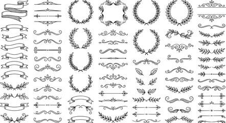 Ornate botanical vector set featuring sketched leaf wreaths paragraph separators scrolls and flourishes borders © Sagor