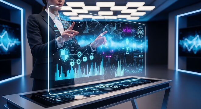 Businessman pointing at digital screen with cybersecurity data and analytics interface. network protection, data security, threat detection, information security, cyber defense, risk management