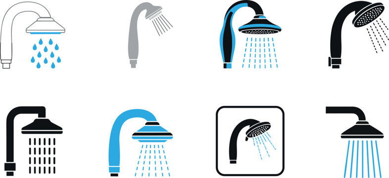 Bathroom Shower Head Vector Icon Set with Water Spray Droplet Elements for Modern Plumbing Hardware Catalogs Hygiene Standards and Home Interior UI Designs