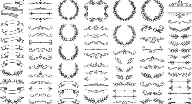 Ornate botanical vector set featuring sketched leaf wreaths paragraph separators scrolls and flourishes borders