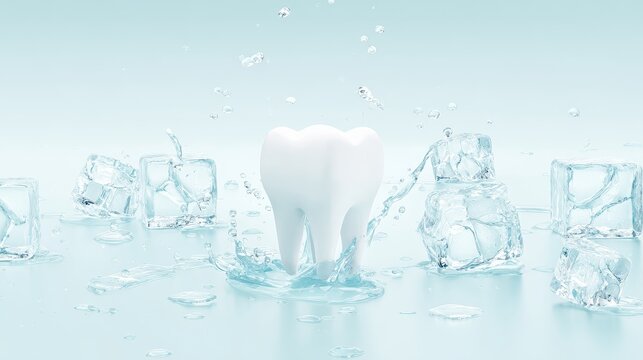 Dental-care concept with bright white molar, crystalline ice blocks, icy water droplets, and polished hygiene-focused commercial realism