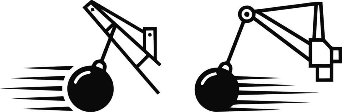 Black of wrecking ball swinging with motion lines symbol demolition destruction construction