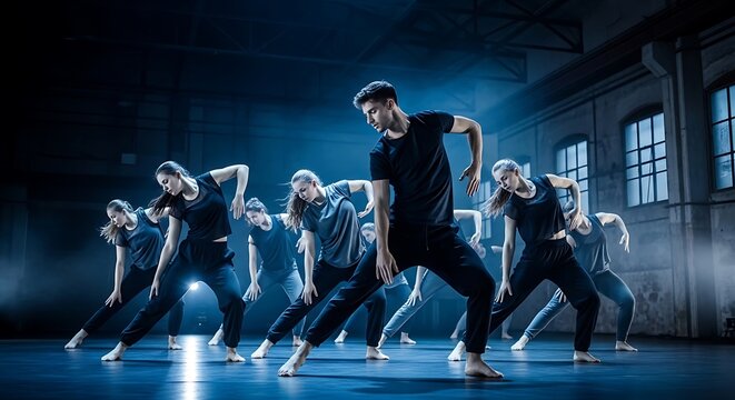 Group of dancers performing contemporary choreography on stage