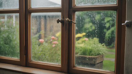Fototapeta premium wooden window with raindrops looking out onto a blurred garden scene