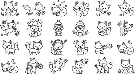 cute cat icons, cartoon feline illustrations, black and white line art, 20 kawaii cat drawings © Nusrath