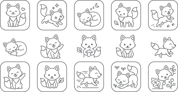 cute cat icons, cartoon feline illustrations, black line art, 12 pcs vector set
