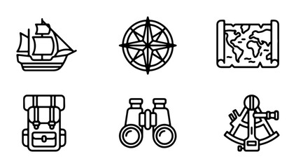 Nautical Adventure Icons: Sailing Ship, Compass, Map, Backpack, Binoculars, Sextant © Tahmina
