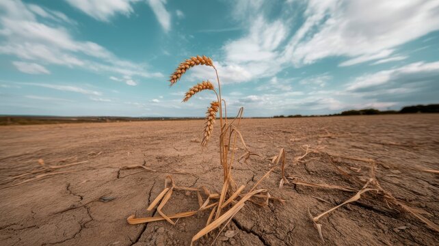 Single dried wheat stalk in a parched cracked field during a drought under blue sky