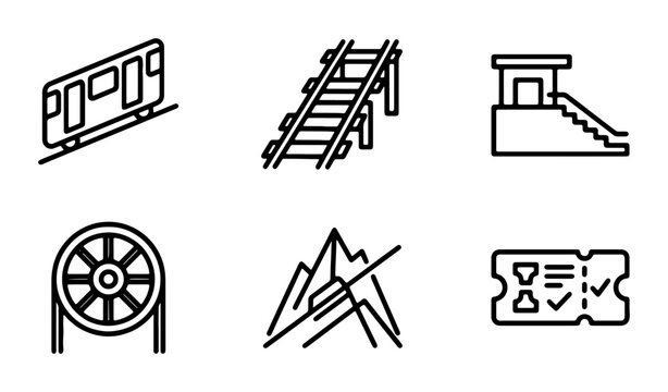 Funicular Railway Icons, Mountain Transport Vector Set, Cable Car, Ticket, Station, Track