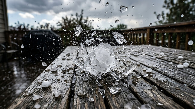 Ice shattering on weathered wooden deck
