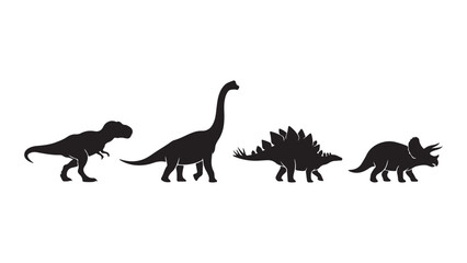 Set of Four Iconic Dinosaur Silhouettes: T-Rex, Brontosaurus, Stegosaurus, and Triceratops © MD