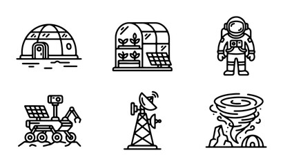 Space Exploration Icons: Astronaut, Rover, Greenhouse, Dome, Satellite, Tornado Vector Set © Tahmina