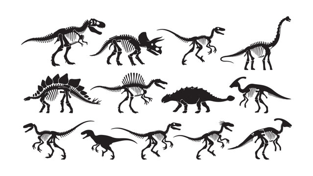 Dinosaur Skeleton Silhouettes - Fossilized Prehistoric Creatures Vector Set