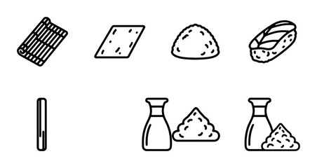 Sushi Making Ingredients & Tools Icons, Japanese Food Preparation Vector Set © Raihan