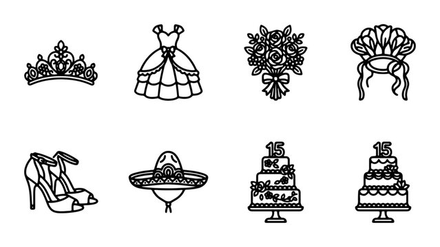 Quinceanera Icons: Tiara, Dress, Flowers, Hat, Shoes, Cakes, Celebration Elements