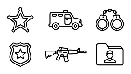 Fototapeta premium Law Enforcement Icons Set: Sheriff Star, Police Badge, Handcuffs, Rifle, Van, File