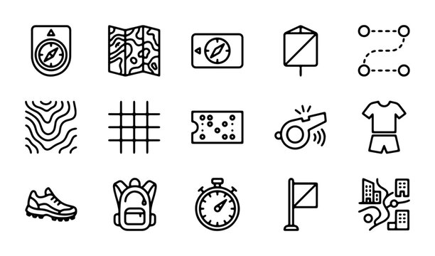 Orienteering Icons Set: Compass, Map, Whistle, Stopwatch, Shoes, Backpack, Sportswear, Navigation Symbols
