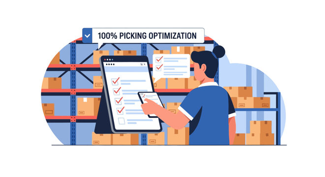 Automated warehouse robot performing picking optimization for efficient logistics and supply chain operations