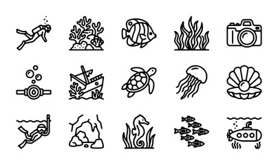 Underwater World Icons: Scuba Diving, Marine Life, Shipwreck, Submarine, Camera © FarhanaBinte