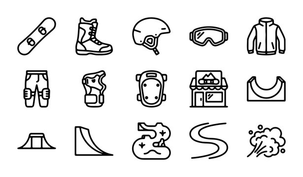 Snowboarding Gear and Park Icons, Winter Sport Equipment Vector Set
