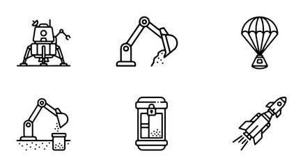 Space Exploration and Construction Icons: Rocket, Lunar Lander, Excavator, Parachute, Container © Nargis