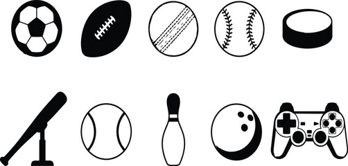 Sports and Gaming Icon Set Featuring Soccer Rugby Cricket Baseball Tennis Bowling Balls Hockey Puck and Video Game Controller Vector Illustration © MSTNusrat