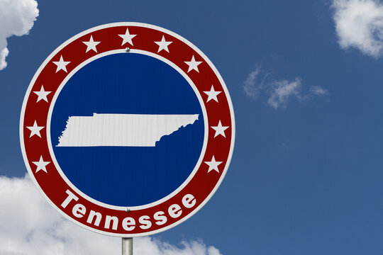 Tennessee map with stars on a US red, white and blue road sign