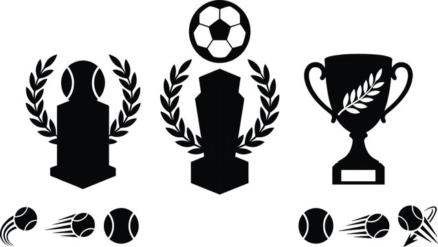 Sports Trophy and Award Silhouette Icon Set Featuring Football Soccer and Tennis Championship Cups Wreath Plaques and Moving Balls for Tournaments