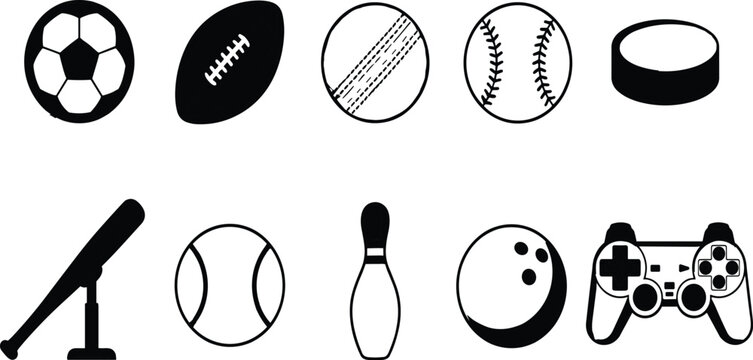 Sports and Gaming Icon Set Featuring Soccer Rugby Cricket Baseball Tennis Bowling Balls Hockey Puck and Video Game Controller Vector Illustration