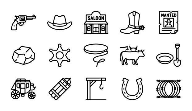 Western Icons Set: Cowboy Gear, Saloon, Sheriff Badge, Lasso, Horse Shoe, Wanted Poster