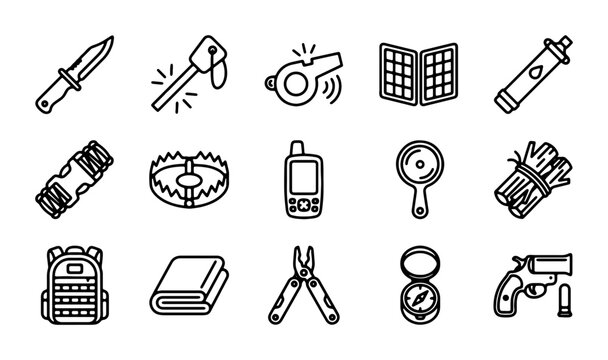 Survival Gear Icons, Outdoor Adventure Equipment Set, Camping Essentials Vector Collection