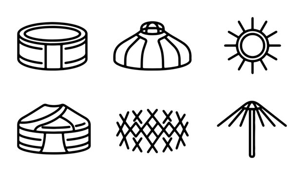 Mongolian Ger, Yurt, Sun, Drum, Fence Icons: Traditional Nomadic Life Symbols