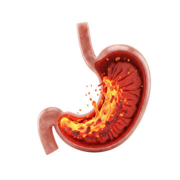 Anatomical model of a human stomach with internal molten lava, glowing orange and red liquid surging through inflamed gastric folds, visceral heartburn concept
