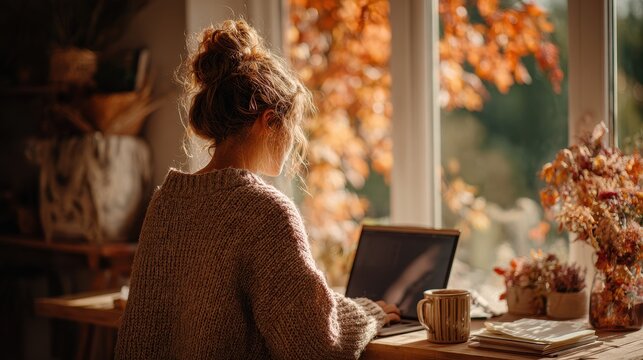 Cozy autumn workspace: woman using a laptop at a sunlit window desk