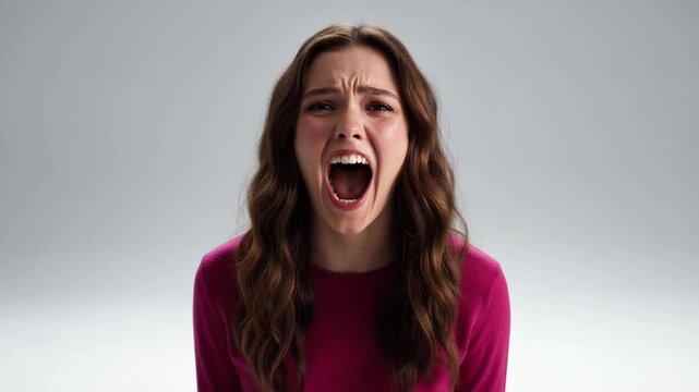 A young woman with brown hair in a magenta sweater screaming against a gray background, representing intense emotion, frustration, stress, release, and mental state