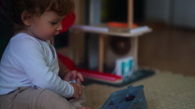Toddler sitting on floor while placing toy car inside miniature garage playset capturing concentration, imagination and authentic childhood play at home