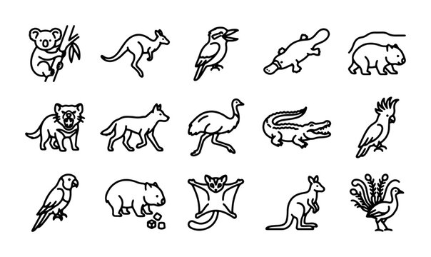 Australian Wildlife Icons Set: Koala, Kangaroo, Emu, Crocodile, Wombat Vector Illustrations
