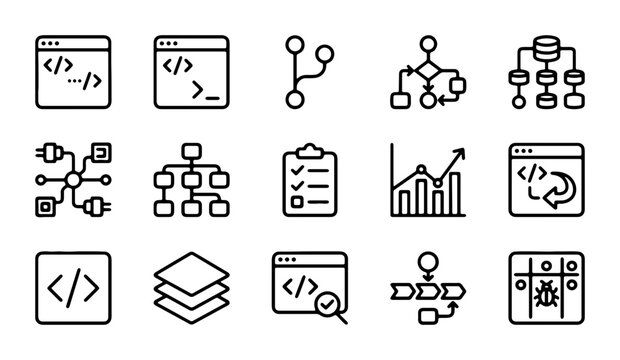 Coding Icons Set, Software Development Symbols, Algorithm Flowcharts, Data Structure Graphics