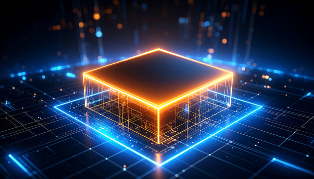 Glowing neon cube structure floats in a futuristic digital environment with blue grids and orange lines.