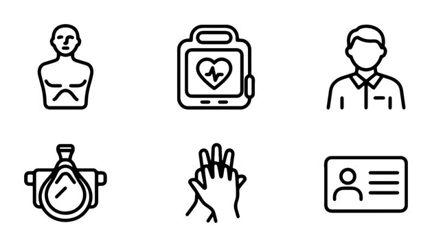 CPR Training Icons: Mannequin, AED, Rescuer, Mask, Hands, ID Card Set