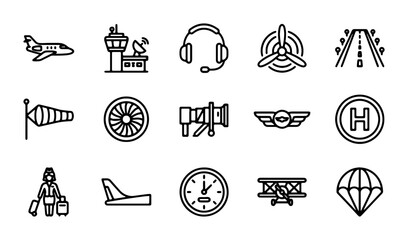 Airport and Aviation Icons Set: Airplane, Control Tower, Jet Bridge, Pilot Wings, Landing Strip © Rafia