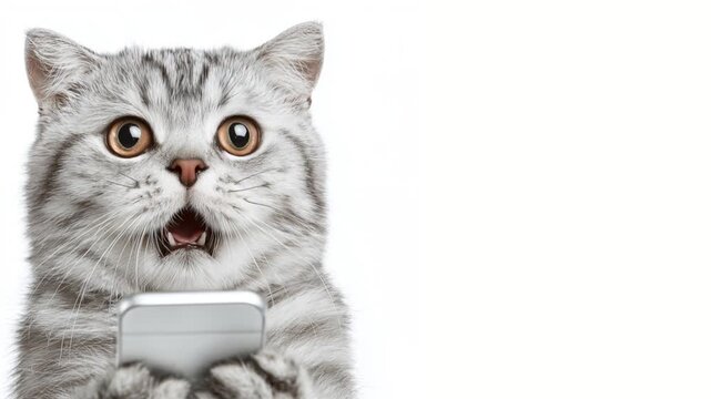Shocked reaction gray tabby cat surprised by smartphone, horizontal video