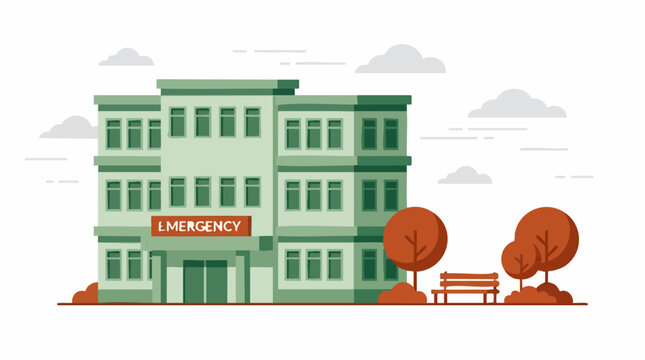 Modern Hospital Building with Emergency Entrance and Park Bench Illustration