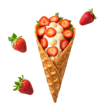Bubble Waffle Cone with Strawberries Isolated